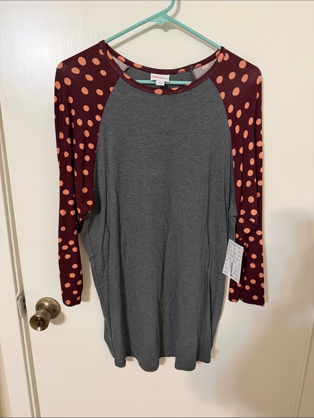 LulaRoe Gray Tunic with Maroon Polka Dot Sleeves